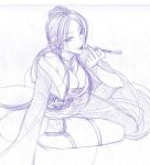  cleavage japanese_clothes kimono kiseru monochrome noh nouhime obi pipe purple sengoku_musou sitting sketch smile 