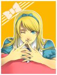  alice_(wonderland) alice_(wonderland)_(cosplay) alice_in_wonderland bellwether blonde_hair blue_eyes cosplay crossdressing crossdressinging hairband kuma_(persona4) kuma_(persona_4) male persona persona_4 smile solo trap wink 