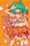  ahoge bad_id dress green_hair macross macross_frontier microphone orange_(color) orange_background orange_dress osamu_(jagabata) ranka_lee seikan_hikou smile star starry_background stars thigh-highs thighhighs toothy_grin 