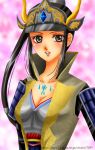  black_hair blush breastplate breasts cleavage helmet ina inahime payot ponytail samurai samurai_armor sengoku_musou smile sode 