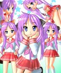  angry blue_eyes blush clenched_hands embarrassed from_below frown g-tetsu hair_ribbon hands_on_hips hands_on_own_face hiiragi_kagami long_hair looking_back lucky_star midriff open_mouth panties pantyshot pleated_skirt pointing purple_hair ribbon school_uniform serafuku skirt smile star thigh_gap tsurime twintails underwear white_panties 