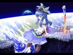 earth hat hinanawi_tenshi leaf long_skirt paji red_eyes sitting skirt solo space sword sword_of_hisou touhou weapon