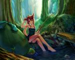  arm_up armpits bare_legs barefoot blush brown_hair dress feet feet_in_water fishing fishing_rod forest hand_on_ear head_tilt legs long_hair nature original ponytail soaking_feet solo st.microscope stm strapless_dress turtle water 