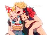  1girl 2boys apron birthday_cake black_hair blonde_hair blue_eyes bow caesar_anthonio_zeppeli cake dress facial_mark food grin hair_bow hair_ribbon hat jojo_no_kimyou_na_bouken joseph_joestar_(young) maguro_(ma-glo) multiple_boys party_hat polka_dot ribbon smile suzi_quatro 