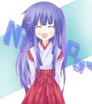  closed_eyes furude_rika higurashi_no_naku_koro_ni japanese_clothes long_hair miko purple_hair smile tokihito 