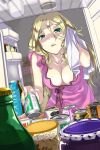  1girl artist_request blonde_hair bottle breasts can cleavage denchuubou green_eyes jpeg_artifacts kanzaki_mikoto moegacha mole pov pudding refrigerator source_request sweat towel 