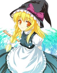  arms_behind_back bamboo_broom blonde_hair bow braid broom hair_bow hat kirisame_marisa long_hair looking_at_viewer lowres natsuki_(pixiv_3305) natsuki_shuri orange_eyes ribbon side_braid smile touhou waist_apron water witch_hat 