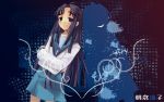  asakura_ryouko blue_eyes blue_hair crossed_arms long_hair school_uniform silhouette suzumiya_haruhi_no_yuuutsu wallpaper 