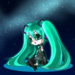  cage_(artist) detached_sleeves green_eyes green_hair hatsune_miku headphones long_hair lowres necktie night sasama_keiji skirt sky star star_(sky) starry_sky stars thigh-highs thighhighs twintails vocaloid 