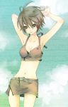 armpits breasts brown_eyes brown_hair cleavage face meiko midriff navel short_hair skinny solo swimsuit vocaloid 