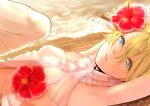  beach blonde_hair blue_eyes flat_chest flower kito_(coyo) kito_(pixiv5248) sunset thigh-highs thighhighs water 