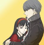  black_eyes black_hair couple gogono_pan'ya gogono_panya hairband headband hug long_hair narukami_yuu persona persona_4 protagonist_(persona4) school_uniform seta_souji silver_hair 