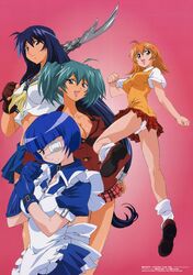  4girls cleavage eyepatch ikkitousen kanu_unchou maid panties ryofu_housen ryomou_shimei school_uniform sonsaku_hakufu 