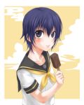  bad_id blue_hair blush chocolate_mint food ice_cream persona persona_4 reverse_trap school_uniform serafuku shirogane_naoto short_hair smile tomboy 