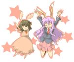  \o/ ara_ta arms_up bad_id black_hair bunny_ears chibi inaba_tewi jumping long_hair outstretched_arms purple_hair rabbit_ears reisen_udongein_inaba short_hair touhou 