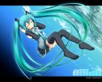  closed_eyes earth hands_on_headphones hatsune_miku headphones long_hair orbit ribbon ribbons skirt space thighhighs twintails umitsubame vocaloid 