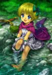  belt bianca&#039;s_daughter bianca's_daughter blonde_hair blue_eyes blush bow cape child dragon_quest dragon_quest_v dress feet feet_in_water gloves moonknives mutsuki_(moonknives) nature river short_hair sitting soaking_feet solo stream sword toes water weapon 
