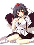  blush bra hat lingerie lowres natsuki_(pixiv_3305) natsuki_shuri necktie open_clothes open_shirt red_eyes shameimaru_aya shirt short_hair skirt socks solo sweat tokin_hat touhou underwear wet white_shirt wings 