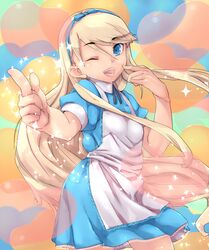  alice_(wonderland) alice_(wonderland)_(cosplay) alice_in_wonderland blonde_hair blue_eyes cosplay crossdressing crossdressinging dress hairband knucklecurve kuma_(persona4) kuma_(persona_4) long_hair male persona persona_4 pointing solo trap wink 