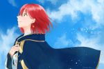  1girl absurdres akagami_no_shirayukihime blue_cape blue_sky cape clouds cop_pc day earrings gold_trim green_eyes hair_between_eyes hand_up highres huge_filesize jewelry looking_to_the_side medium_hair outdoors profile redhead shirayuki_(akagami_no_shirayukihime) sky smile solo twitter_username 