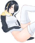 1girl absurdres black_hair breasts brown_eyes drawstring emperor_penguin_(kemono_friends) feet_out_of_frame hair_over_one_eye hand_on_own_face hand_on_own_stomach head_tilt headphones highleg highleg_leotard highres hood hood_down hooded_jacket jacket kemono_friends kona_ming large_breasts leaning_back leotard looking_at_viewer open_clothes open_jacket penguin_tail short_hair simple_background sitting smile solo tail thigh-highs white_background white_legwear white_leotard 