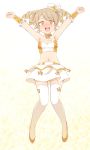  1girl :d @_@ armpits arms_up bangs bare_shoulders blush breasts brown_eyes brown_footwear brown_hair drill_hair eyebrows_visible_through_hair full_body hat idolmaster idolmaster_cinderella_girls midriff mini_hat morikubo_nono navel nose_blush open_mouth outstretched_arms shoes skirt small_breasts smile solo star strapless sweat thigh-highs tilted_headwear ushi white_headwear white_legwear white_skirt wrist_cuffs 