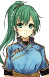  1girl _huussu_ blue_eyes blush breasts cute earrings female_focus fire_emblem fire_emblem:_rekka_no_ken fire_emblem:_the_blazing_blade fire_emblem_blazing_sword green_hair intelligent_systems long_hair looking_at_viewer lyn_(fire_emblem) lyndis_(fire_emblem) nintendo ponytail simple_background smile solo 