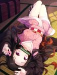  1girl arms_up bamboo bangs bit_gag black_hair black_legwear blurry blurry_background blush breasts brown_hair checkered collarbone commentary_request depth_of_field fingernails forehead gag gradient_hair hair_ribbon highres japanese_clothes kamado_nezuko kimetsu_no_yaiba kimono knees_up long_hair long_sleeves looking_at_viewer lying medium_breasts mouth_hold multicolored_hair nail_polish nya_rl obi on_back open_clothes parted_bangs pink_kimono pink_nails pink_ribbon ribbon sash solo tears very_long_hair violet_eyes wide_sleeves 