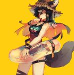  1girl alternate_costume animal_ear_fluff animal_ears arknights artist_name bangs bare_shoulders black_hair breasts brown_eyes character_name circle collarbone eating food hair_between_eyes hat holding holding_food legs long_hair looking_at_viewer moonagvaze shorts simple_background sleeveless solo standing strap tail texas_(arknights) thigh_strap wristband yellow_background 