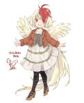  1girl :d alternate_costume animal animal_on_head bangs bird black_legwear blonde_hair brown_footwear brown_jacket casual chick commentary_request contemporary cross-laced_clothes dress eyebrows_visible_through_hair feathered_wings full_body high_heels jacket long_sleeves looking_at_viewer multicolored_hair niwatari_kutaka no_nose on_head open_clothes open_jacket open_mouth pantyhose red_eyes redhead short_hair signature simple_background smile solo standing tail_feathers touhou toutenkou translated two-tone_hair white_background white_dress wings yellow_wings 