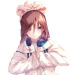  1girl aotsuki_kaoru begging blue_eyes brown_hair closed_mouth coat commentary_request dutch_angle eyebrows_visible_through_hair frills go-toubun_no_hanayome hair_between_eyes hair_ornament headphones headphones_around_neck highres long_hair long_sleeves looking_at_viewer nakano_miku own_hands_together palms_together simple_background sleeves_past_wrists smile solo upper_body white_background white_coat 