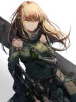  1girl assault_rifle bare_shoulders belt black_gloves brown_hair closed_mouth clothes_around_waist detached_sleeves girls_frontline gloves gun jacket jacket_around_waist long_hair m4_carbine m4a1_(girls_frontline) multicolored_hair pouch rifle scarf silence_girl streaked_hair weapon work_in_progress yellow_eyes 