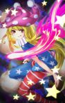  1girl american_flag_dress american_flag_legwear bangs blonde_hair blue_dress blue_legwear clownpiece commentary_request dress eyebrows_visible_through_hair feet_out_of_frame fire flame grin hat highres jester_cap long_hair looking_at_viewer mikami_yuuki_(nl8you) neck_ruff pantyhose partial_commentary purple_headwear red_dress red_eyes red_legwear short_sleeves smile solo star star_print striped striped_dress striped_legwear thighs touhou v-shaped_eyebrows very_long_hair 