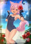  1girl absurdres ahoge animal_ears bangs beach blurry blurry_background blush competition_school_swimsuit day english_commentary fangs fingerless_gloves flower fox_ears fox_tail gloves hair_flower hair_ornament hibiscus highres hotel01 looking_at_viewer one-piece_tan open_mouth original outdoors pink_eyes pink_hair school_swimsuit short_hair solo standing swimsuit tail tan tanline 