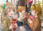  3girls :d bangs blue_eyes blush bow brown_eyes brown_hair cardigan casual clothes_writing clumsy commentary_request crepe day food green_bow hair_bow hairband highres holding holding_food ice_cream jacket koizumi_hanayo kousaka_honoka light_rays long_hair long_sleeves looking_at_another love_live! love_live!_school_idol_project macaron medium_hair minami_kotori miniskirt multiple_girls one_side_up open_clothes open_jacket open_mouth orange_hair outdoors pavement plaid plaid_skirt profile scarf shamakho short_hair sideways_glance signature skirt smile socks soft_serve spill standing storefront surprised sweater togashi_yuuta trash_can turtleneck violet_eyes white_scarf yellow_bow 