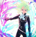 1boy bad_id bad_twitter_id black_gloves black_jacket blonde_hair cravat fire gloves highres jacket lio_fotia male_focus outstretched_arm promare solo title tsujitani2485 violet_eyes 