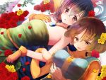  2girls bare_shoulders breasts brooch brown_eyes brown_hair dress flower gloves green_dress hair_between_eyes jewelry landsel large_breasts long_sleeves lying medium_hair multiple_girls official_art on_back orange_gloves petals red_flower short_hair yellow_flower yuri 