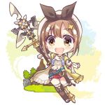  1girl :d atelier_(series) atelier_ryza brown_eyes brown_hair chibi full_body gunp hair_ornament hairclip looking_at_viewer open_mouth red_shorts reisalin_stout short_hair shorts smile solo thigh-highs white_headwear 