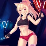  1girl animal_ear_fluff animal_ears ass_visible_through_thighs bangs beat_saber blonde_hair blue_background blush breasts buruma cat_ears cowboy_shot energy_sword eyebrows_visible_through_hair fang fast-runner-2024 fingerless_gloves gloves highres large_breasts long_hair looking_at_viewer midriff navel open_mouth original ponytail red_buruma red_eyes slit_pupils solo sword tank_top thigh-highs tiffy_(fast-runner-2024) under_boob watermark weapon web_address 