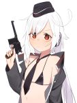  bikini black_bikini c96_(girls_frontline) flat_chest girls_frontline gun handgun hat headphones holding holding_gun holding_weapon jacket juz long_hair looking_at_viewer necktie ponytail red_eyes simple_background star star-shaped_pupils swimsuit symbol-shaped_pupils very_long_hair weapon white_background white_hair 