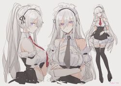  1girl alternate_costume arm_under_breasts azur_lane bangs bare_shoulders black_ribbon breasts cleavage_cutout closed_mouth crossed_arms enterprise_(azur_lane) eyebrows_visible_through_hair frilled_skirt frills grey_neckwear hair_between_eyes high_heels high_ponytail highres large_breasts long_hair maid maid_dress maid_headdress mi_398 neckwear ponytail red_neckwear ribbon silver_hair sketch skirt standing thigh-highs violet_eyes 