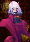  1girl bangs blurry blurry_background bouhouji character_request closed_mouth commentary_request depth_of_field facial_mark fang fang_out fur_collar hair_between_eyes horns japanese_clothes kimetsu_no_yaiba kimono long_sleeves looking_at_viewer obi oni oni_horns purple_hair purple_kimono sash sleeves_past_fingers sleeves_past_wrists smile solo violet_eyes 