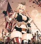  1girl absurdres aircraft airplane american_flag american_flag_legwear atago_(kantai_collection) balloon bare_shoulders blonde_hair blue_eyes blush breasts chain character_request cityscape clock clouds commentary custom_maid_3d_2 ffkw fingerless_gloves fireworks flag flag_print front-tie_top garter_straps gloves hair_between_eyes hand_on_hip headgear highres iowa_(kantai_collection) kantai_collection lamppost large_breasts long_hair miniskirt mismatched_legwear mutsu_(kantai_collection) navel open_mouth railing skirt sky star star-shaped_pupils striped striped_legwear symbol-shaped_pupils takao_(kantai_collection) tatsuta_(kantai_collection) tenryuu_(kantai_collection) thigh-highs thighs vertical-striped_legwear vertical-striped_skirt vertical_stripes waving 