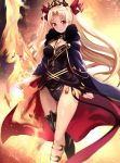  1girl bangs between_breasts black_cloak black_dress black_leotard blonde_hair breasts cloak commentary_request dress earrings ereshkigal_(fate/grand_order) eyebrows_visible_through_hair fate/grand_order fate_(series) fire fur-trimmed_cloak fur_trim glowing gold_trim hair_ribbon hoop_earrings jewelry large_breasts leotard light_particles long_hair looking_at_viewer parted_bangs print_dress print_leotard red_cloak red_eyes red_ribbon ribbon short_dress skull sky smile solo sparkle spine star_(sky) starry_sky thighs tiara two_side_up untsue very_long_hair weapon 