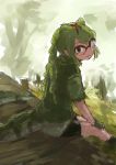 1girl braid crocodile_tail eyebrows_visible_through_hair from_side glasses green_eyes green_hair kemono_friends long_hair looking_at_viewer over-rim_eyewear pier rumenia_(ao2is) semi-rimless_eyewear sitting sketch solo spectacled_caiman_(kemono_friends) swamp tail tail_through_clothes twin_braids