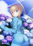  1girl ahoge artoria_pendragon_(all) ass blonde_hair blue_eyes blue_flower blue_ribbon blue_sweater blue_umbrella blurry blurry_background braid braided_bun closed_mouth clouds copyright_name cowboy_shot cute dress eyebrows_visible_through_hair fate/stay_night fate_(series) flower hair_between_eyes hair_ribbon heaven&#039;s_feel holding holding_umbrella hydrangea long_sleeves looking_at_viewer purple_flower ribbon saber short_hair skylader smile solo standing sunlight sweater sweater_dress type-moon ufotable umbrella unlimited_blade_works white_flower 