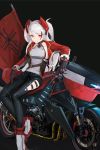  1girl anizi_(anizi9621) azur_lane bangs black_gloves black_pants blush breasts choker commentary eyebrows_visible_through_hair gloves ground_vehicle highres iron_cross large_breasts long_hair looking_at_viewer motor_vehicle motorcycle multicolored_hair pants prinz_eugen_(azur_lane) red_footwear red_gloves redhead shoes silver_hair solo streaked_hair two-tone_gloves two_side_up white_footwear 
