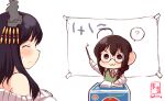 2girls :3 ? ahoge alternate_costume artist_logo bangs bare_shoulders bespectacled black_hair blue_eyes book bow box braid brown_hair cardboard_box closed_eyes collared_shirt commentary_request dated glasses hair_bow hair_ornament hair_over_shoulder highres kanon_(kurogane_knights) kantai_collection long_sleeves mikan_box multiple_girls necktie off-shoulder_sweater off_shoulder pointer red_bow ribbed_sweater round_eyewear shigure_(kantai_collection) shirt short_hair signature simple_background single_braid smile sparkle speech_bubble spoken_question_mark sweater sweater_vest white_background white_shirt white_sweater yamashiro_(kantai_collection) younger 