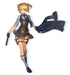  1girl ankle_socks bangs belt belt_buckle black_footwear blonde_hair blue_gloves blue_neckwear breasts buckle closed_mouth collar collared_shirt full_body girls_frontline gloves green_eyes grey_legwear gun holding holding_clothes holding_gun holding_jacket holding_weapon holster jacket looking_at_viewer medium_hair necktie shirt shoes simple_background skirt solo standing thigh_holster thigh_strap twintails vest waistcoat weapon welrod_mk2 welrod_mk2_(girls_frontline) white_background zhq7041 