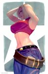  1girl armpits bare_shoulders belt blonde_hair blue_eyes blue_mary breasts closed_mouth commentary crop_top large_breasts midriff navel rejean_dubois short_hair solo straight_hair the_king_of_fighters 